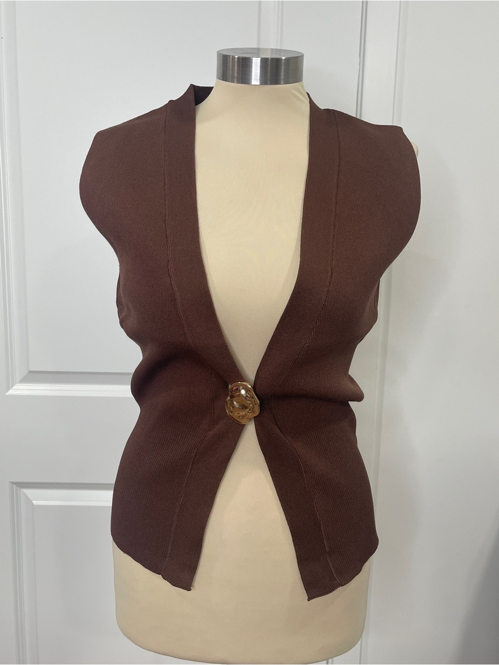 Love Tree Brown Sleeveless Knit Cardigan with Decorative Button